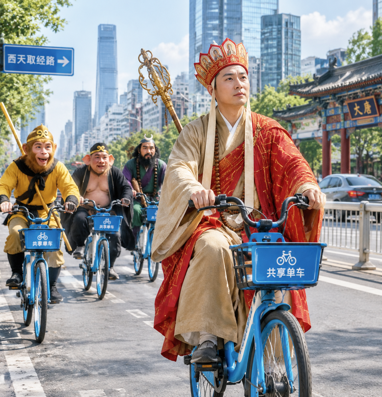 唐僧骑共享单车取经，城市街景