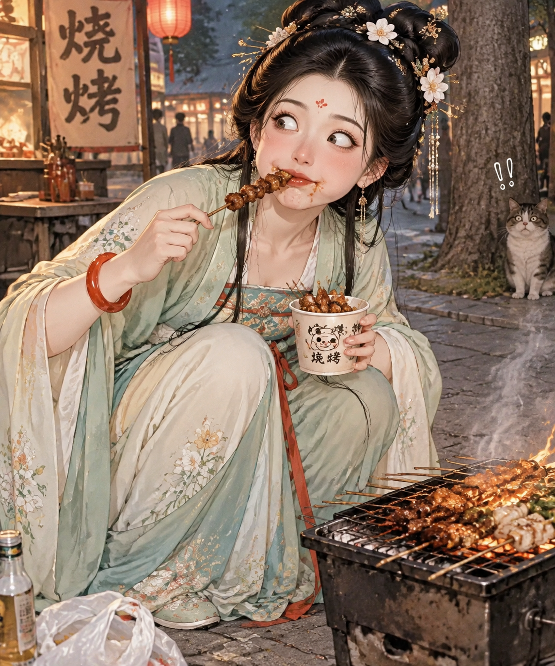 古风美女戴着玛瑙手镯蹲路边吃烧烤，反差搞笑国风插画