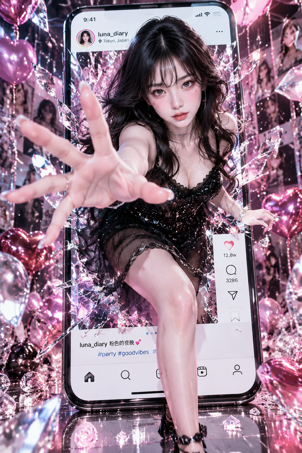生成图片，重点是：手机社交媒体界面 + 女生破屏而出 + 玻璃碎裂 + 粉色派对闪片氛围 + 强透视前景手掌。
年轻成年东亚女性，精致网红感妆容，白皙细腻皮肤，黑色蓬松卷发，空气刘海，深邃眼神，直视镜头，冷艳甜酷表情。人物穿黑色亮片薄纱连衣裙，蕾丝边吊带设计，裙摆带闪粉与半透明纱感，整体优雅性感但高级。

画面中心是一部巨大的智能手机，手机竖屏放置，屏幕显示仿社交媒体个人动态界面，顶部有头像、用户名、地点、点赞评论图标，底部有导航栏图标。人物从手机屏幕中突破出来，形成强烈 3D 破屏效果，一只手大幅伸向镜头，手掌占据前景，五指张开，透视夸张但自然；一条腿从屏幕中伸出到现实空间，脚踩在闪亮地面上。手机屏幕周围出现破碎玻璃裂纹，大量透明玻璃碎片飞散，边缘带高光反射。
背景是梦幻派对场景，粉色金属气球、银色亮片、碎钻、水晶碎片、闪烁星光，周围有柔焦人物照片墙，整体氛围华丽、闪耀、梦幻、虚拟现实感。冷粉色与黑色调为主，带银色高光，强烈反光，镜面质感，电影级灯光，浅景深，超现实摄影风，时尚大片质感，高细节，高清晰度，真实皮肤纹理，玻璃反射清晰，画面纵深感强，竖屏构图，中心构图，视觉冲击力强
