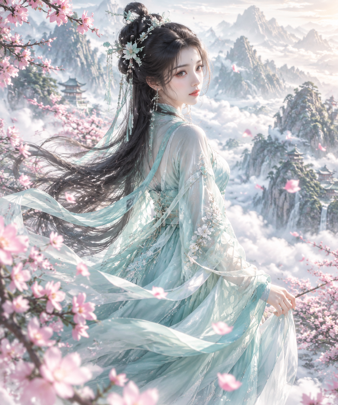 风仙侠少女，一袭淡青色流纱长裙，长发挽起点缀玉簪，身处云雾缭绕的仙山云海，漫山桃花飘落，朦胧柔光，水墨国风，淡青粉白配色，飘逸衣袂，仙气氛围感，远山淡墨背景，山水意境
**后缀：8k，超高清，细节拉满，电影级光影，细腻质感，精致构图，柔和景深，无畸形，完美五官，大师级插画**