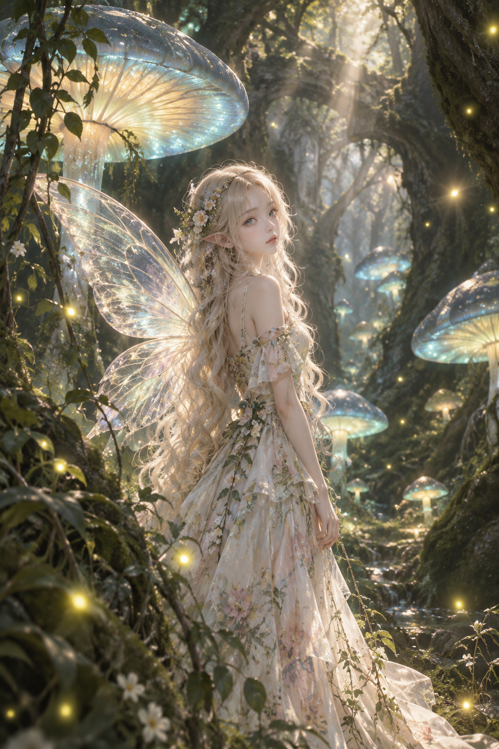 森林精灵少女，浅金色长卷发，透明蝴蝶翅膀，身穿碎花薄纱长裙，站在幽暗古老森林，巨型发光蘑菇，萤火虫漫天飞舞，林间丁达尔光束，绿植藤蔓环绕，梦幻童话，柔和暖光，低饱和莫兰迪色调