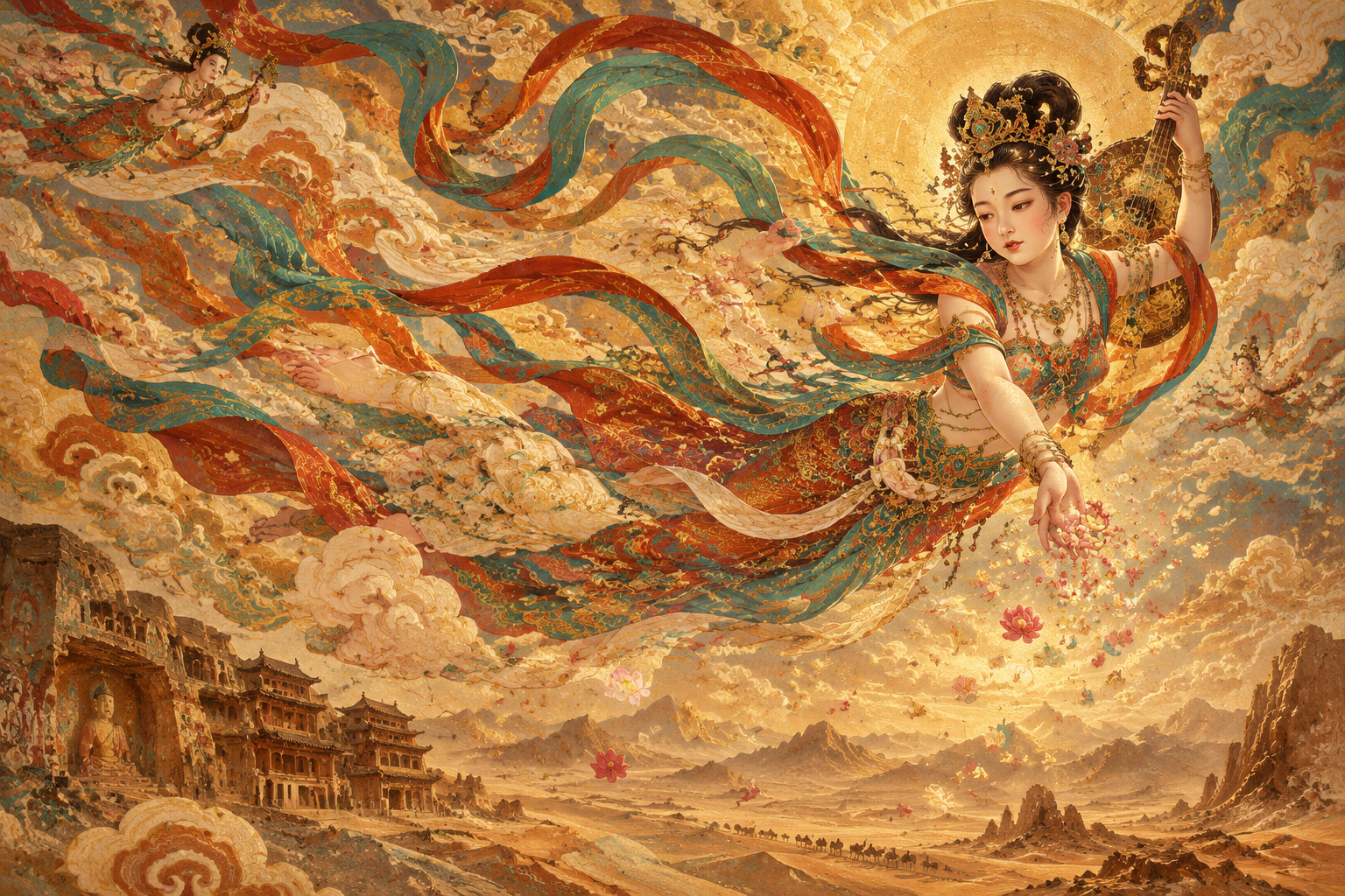 敦煌飞天神女，艳丽敦煌壁画配色，飘带漫天飞舞，鎏金服饰纹样，漫天祥云，飞天花雨，大漠上空，暖金色佛光，壁画质感，华丽纹饰，国风壁画风格，宏大构图
